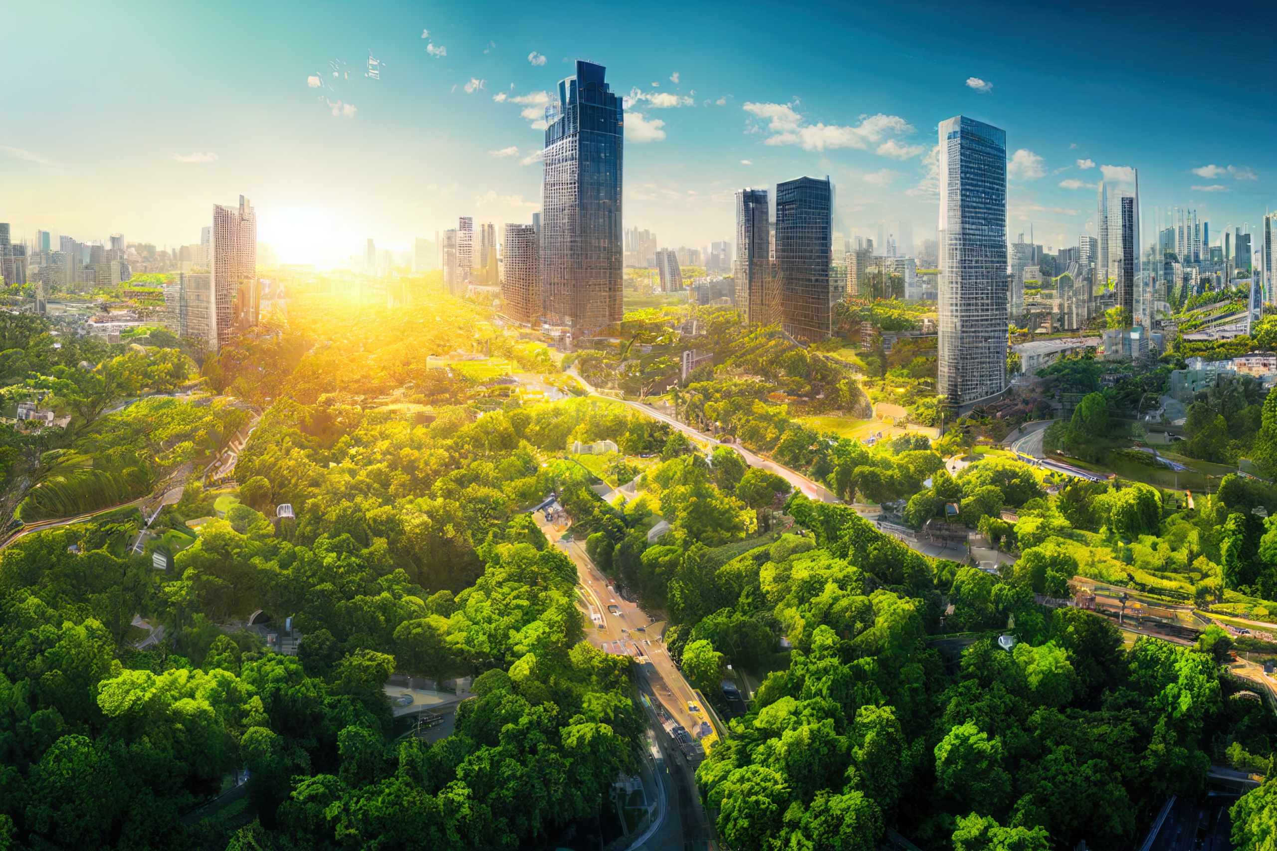 An energy-efficient green cityscape with public parks and high-rise buildings