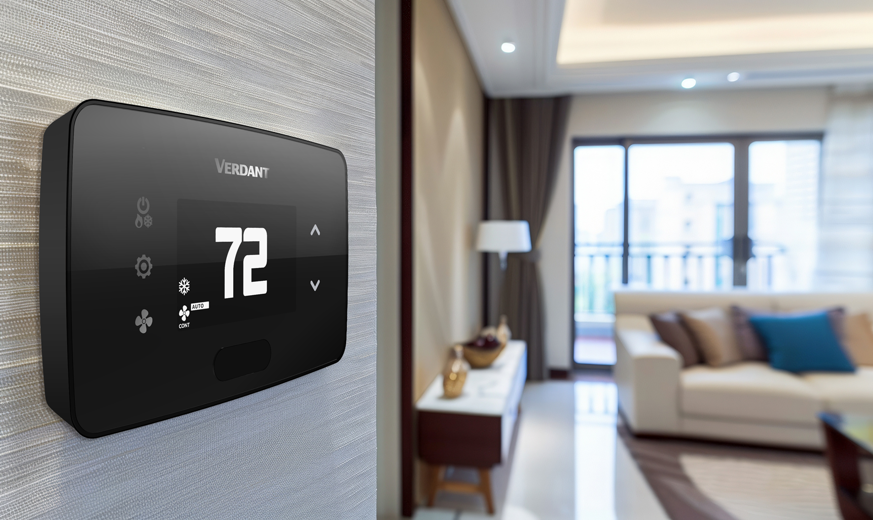 A Verdant VX4 wired smart thermostat (in black) installed in a hotel room to improve energy management