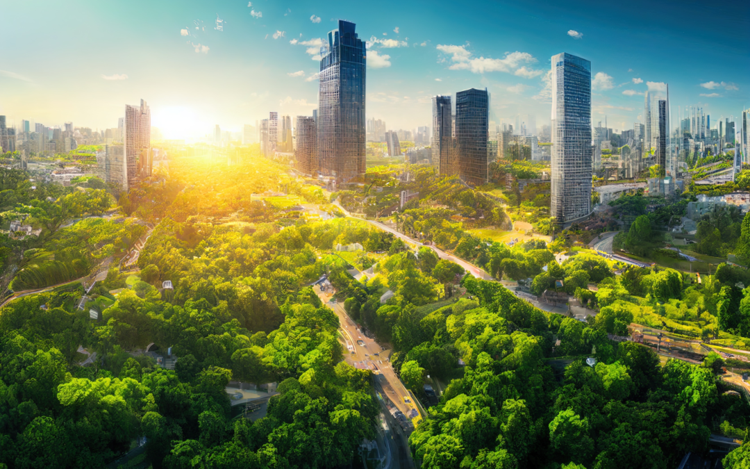 An energy-efficient green cityscape with public parks and high-rise buildings