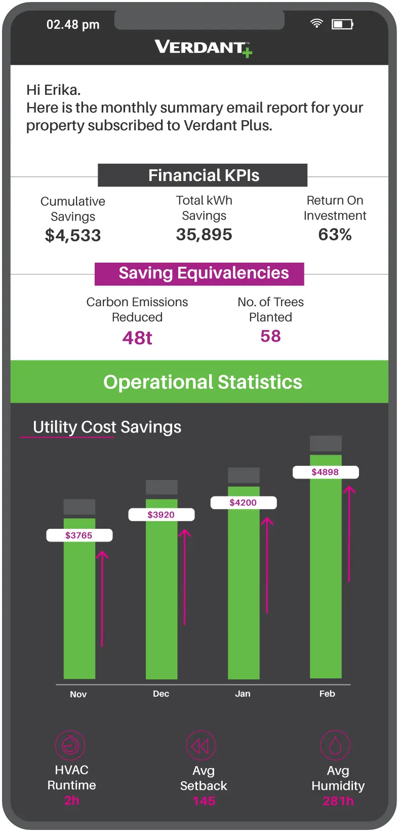 A monthly summary email report from Verdant Plus